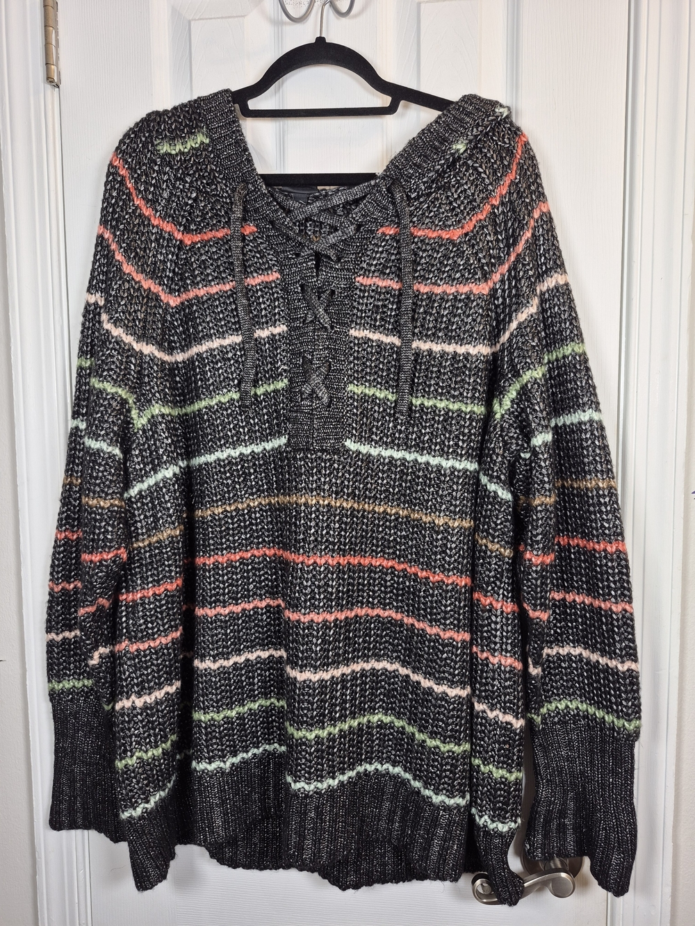 Torrid Plus Size 3X Chunky Open Knit Lace Up Hooded Sweater Charcoal Striped